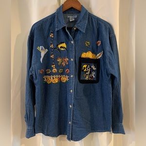 SARA STUDIO‎ - WOMEN'S DENIM FALL EMBROIDERED PATCHWORK BUTTON-UP SHIRT - SIZE L